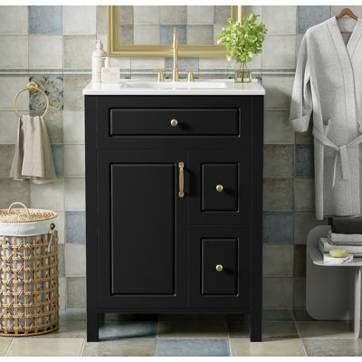 Meuble-lavabo moderne avec lavabo en céramique 1 porte à fermeture en douceur + 2 tiroirs à fermeture en douceur sur un rangement de porte compact pour les petites salles de bain