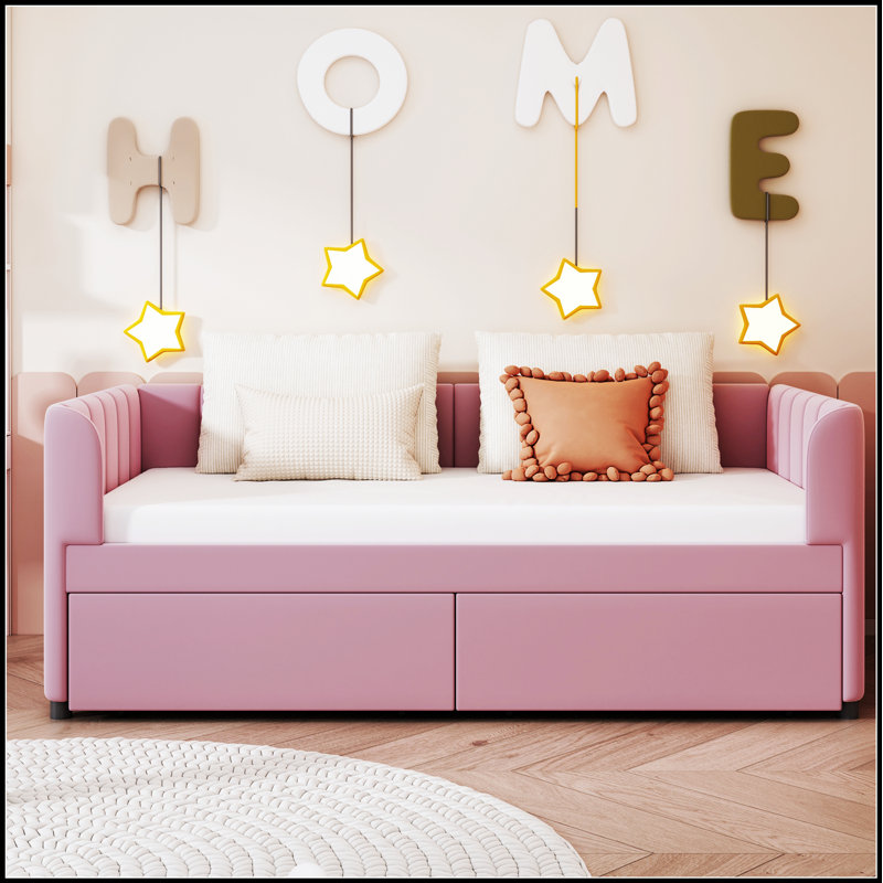 Lit de jour rembourré avec dossier ergonomique et 2 tiroirs pour plus de confort et de rangement, Rose
