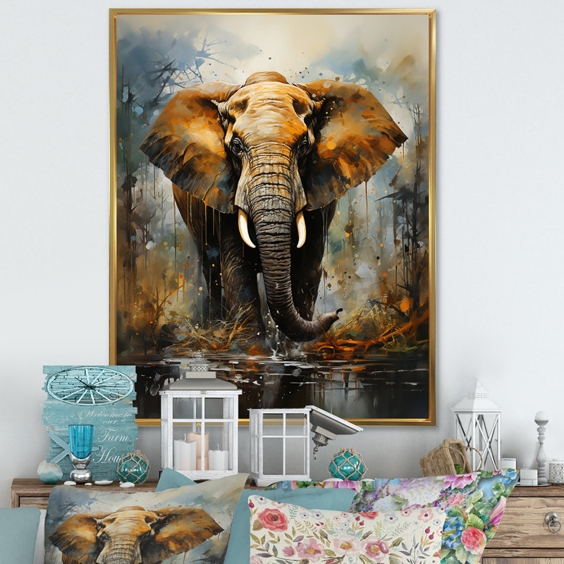 Éléphant élégant en mouvement III sur toile, Cadre flottant doré, 32" H x 24" W