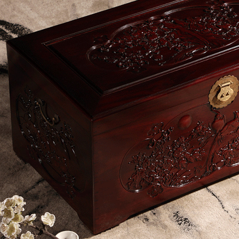 Hand-Carved Solid Wood Small Accent Trunk, Tan