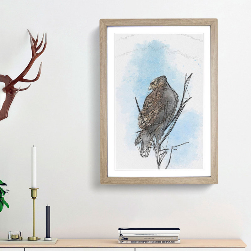 Hawk Perched in a Tree in Abstract - Picture Frame Graphic Art Print, 65cm H x 48cm W x 2cm D, Oak Framed