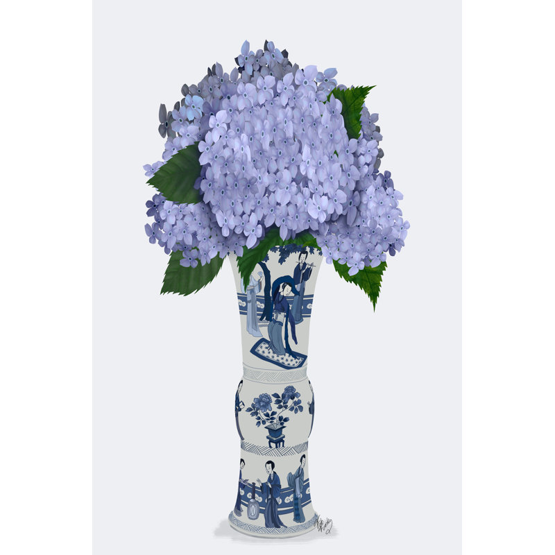 Chinoiserie hortensia lilas, vase bleu, H 12 po x l 8 po x P 1,25 po