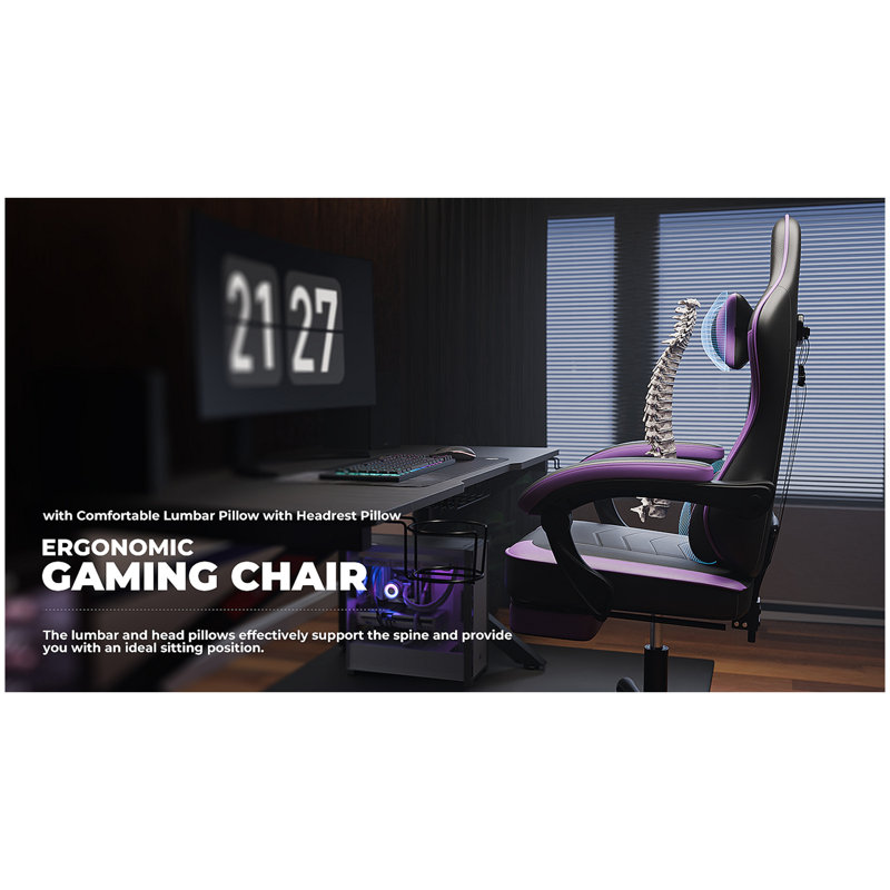 Fauteuil de jeu, fauteuil d'ordinateur ergonomique avec repose-pieds et support lombaire à massage, fauteuil de jeu vidéo pivotant à hauteur réglable, capacité maximale de 300 lb