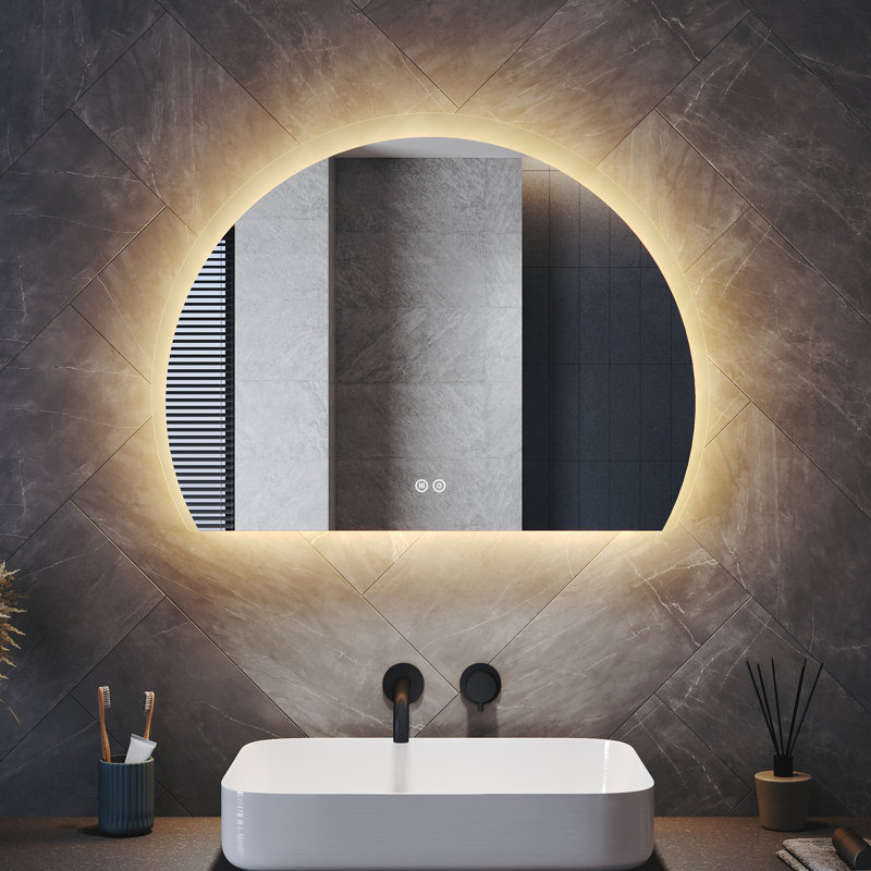 Half Circle LED Bathroom Mirror, Anti-Fog 3 Color Dimmable Touch Wall Vanity Mirror, 80*60cm,Semicircular Bathroom Mirror