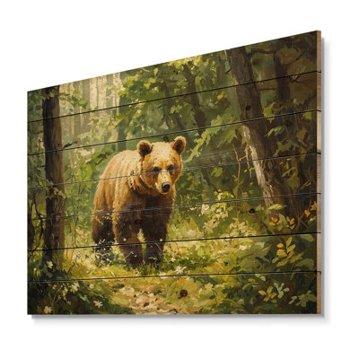 Bear In The Spring Forest I - Bear Wood Wall Art - On Natural Pine Wood