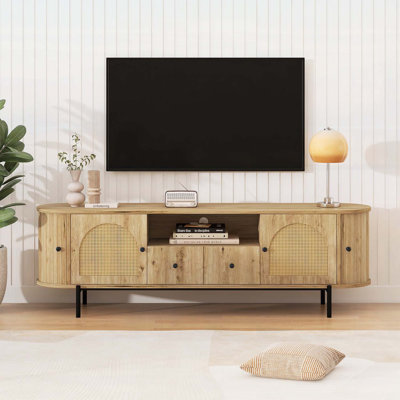 Console Table with Rattan Arched Doors,Drawers,Hidden Storage,Steel Legs,Rounded Corners