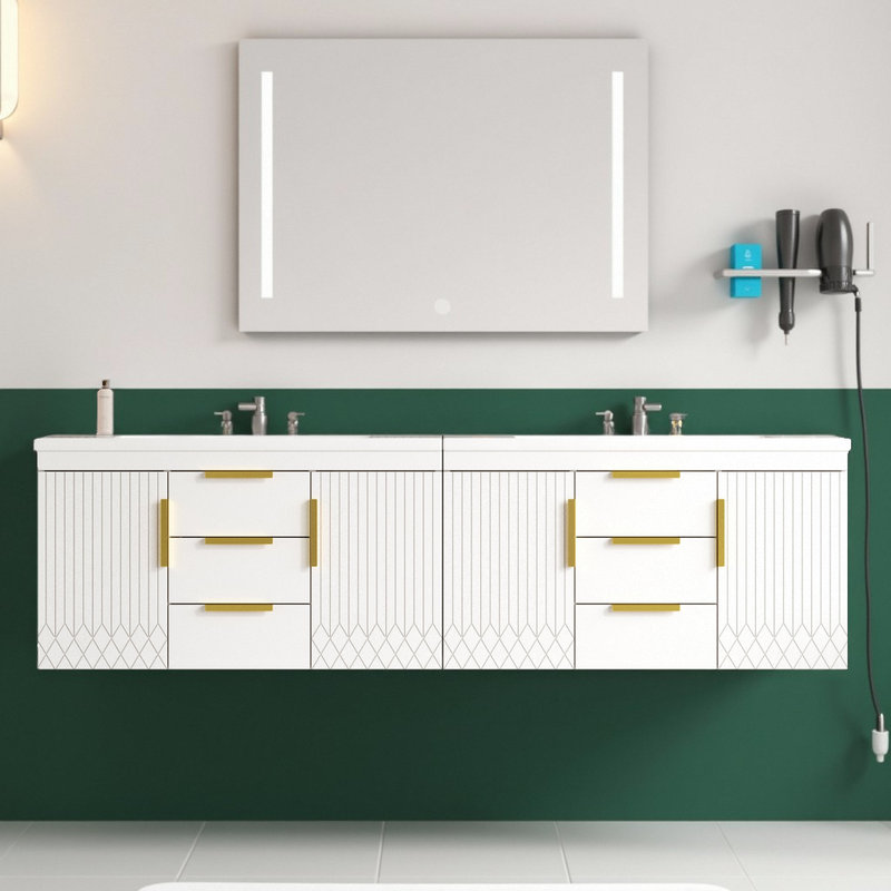 ??72" Wall-Mounted Bathroom Vanity with Ceramic Sink - Space-Saving Design?, White