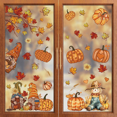9 Sheets Fall Window Clings Gnomes Scarecrow Pumpkins Maple Leaves Double-Sided Window Decals Stickers For Autumn Thanksgiving Party Home Classroom Office Decorations