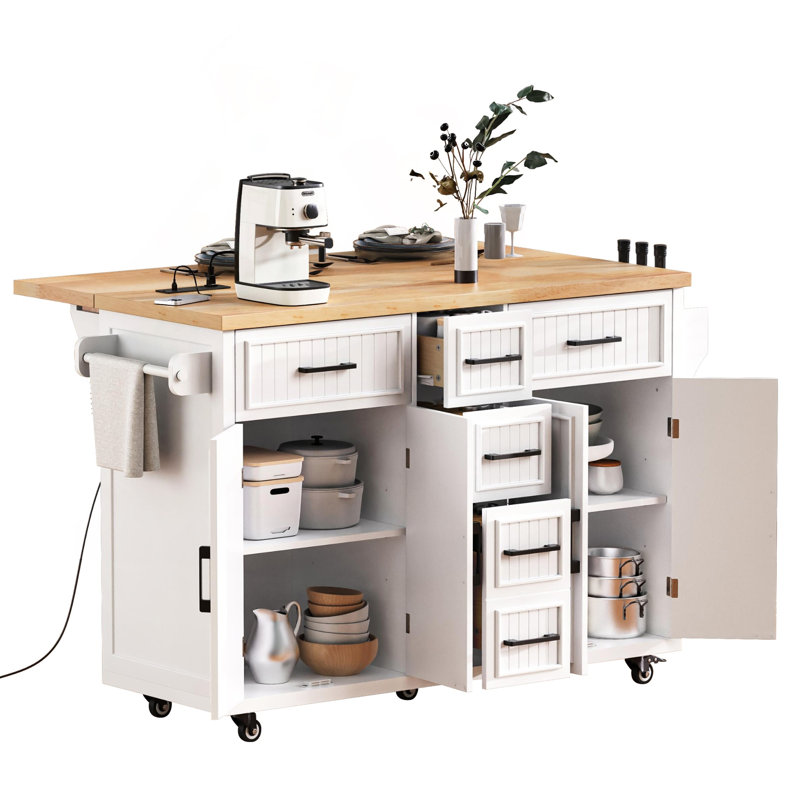 56.5" Kitchen Island with Drop Leaf, Power Outlet & Embossed Vertical Stripe (White), White