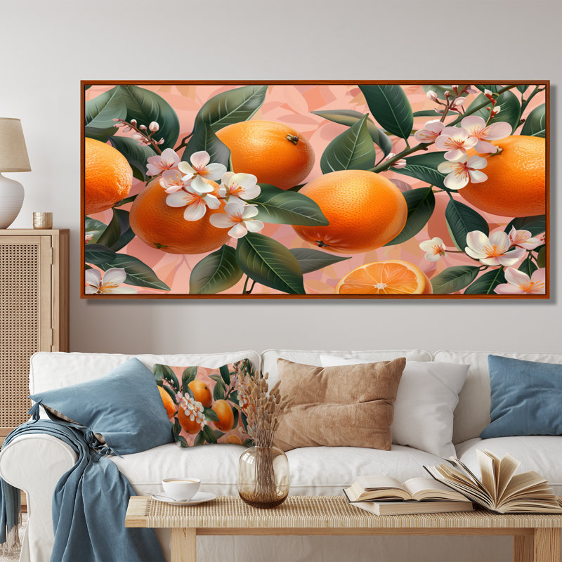 Yellow Pink Floral Orange Trees IV - Fruits Wall Art Print, 28" H x 60" W, Brown Floater Framed