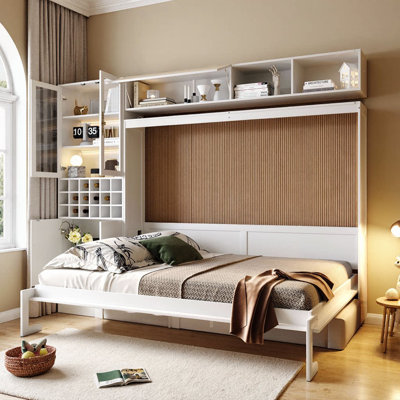 Elegant Queen Size Murphy Bed with Sofa, Shelves, USB & Light – Space-Saving Dream for Modern Living