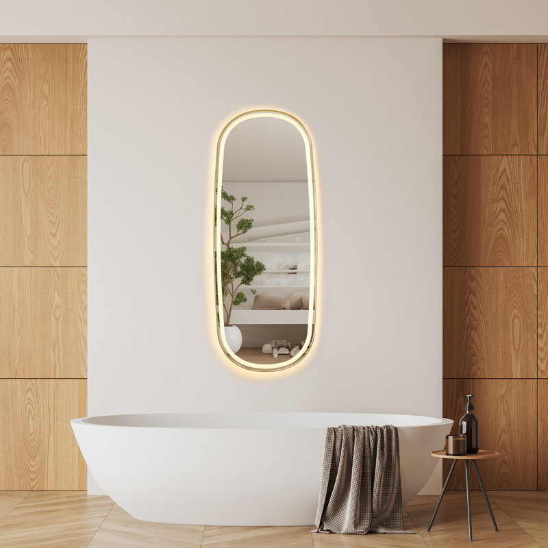 Miroir mural de salle de bain / habillage rectangulaire en aluminium à intensité variable de 26 po x 65 po Cellini, Or brossé