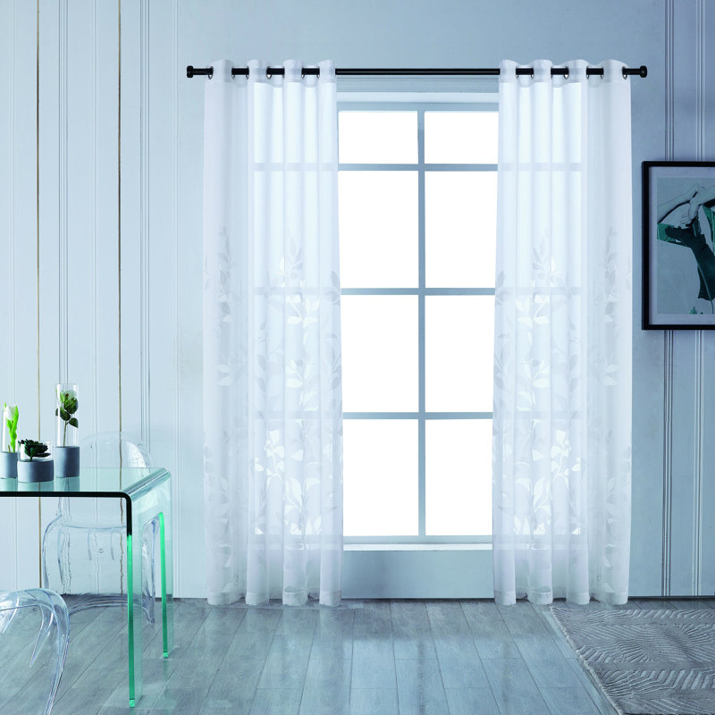 Panneau de rideau simple floral avec œillets, Blanc, L 52 po x L 95 po