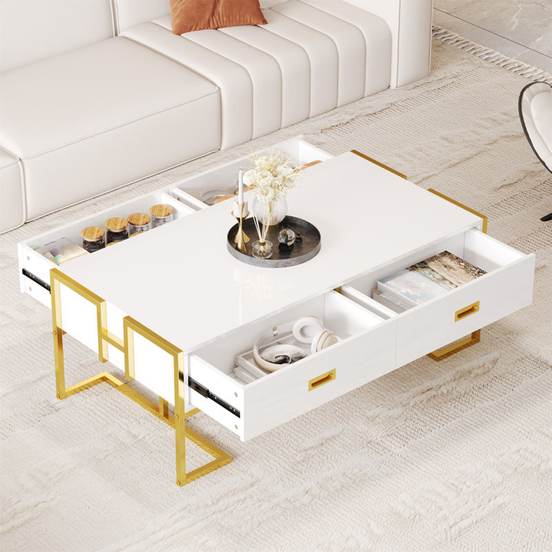 Table basse moderne moderne blanche avec 4 tiroirs et base dorée de 47,3 po, Blanc