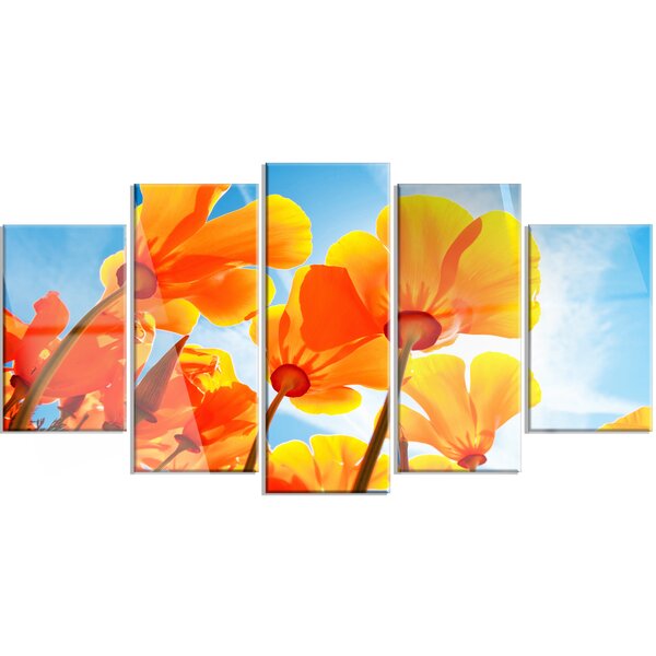 DesignArt Yellow Spring Flowers On Blue On Canvas 5 Pieces Print | Wayfair