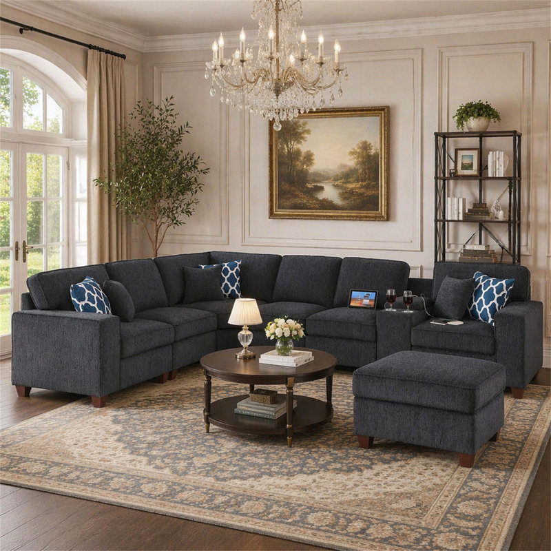 Canapé modulaire avec repose-pieds Gina, Black Chenille, 35" H x 99.25" W x 136.25" D