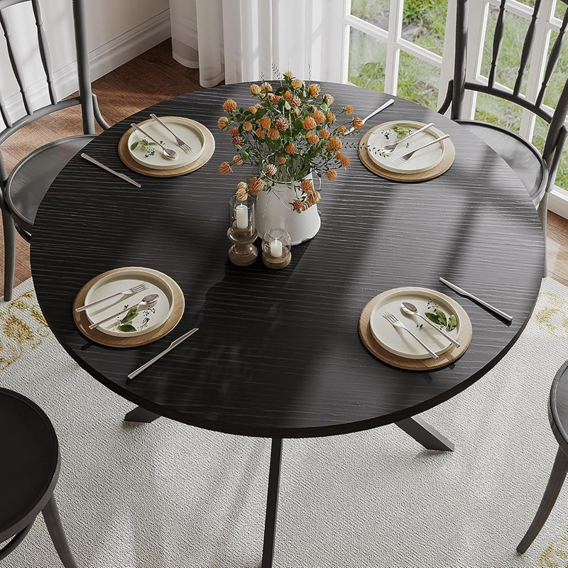 47.2 Inch Round Dining Table For 4, Farmhouse Wood Kitchen Table, Circle Dinner Table For Kitchen & Dining Room, Black
