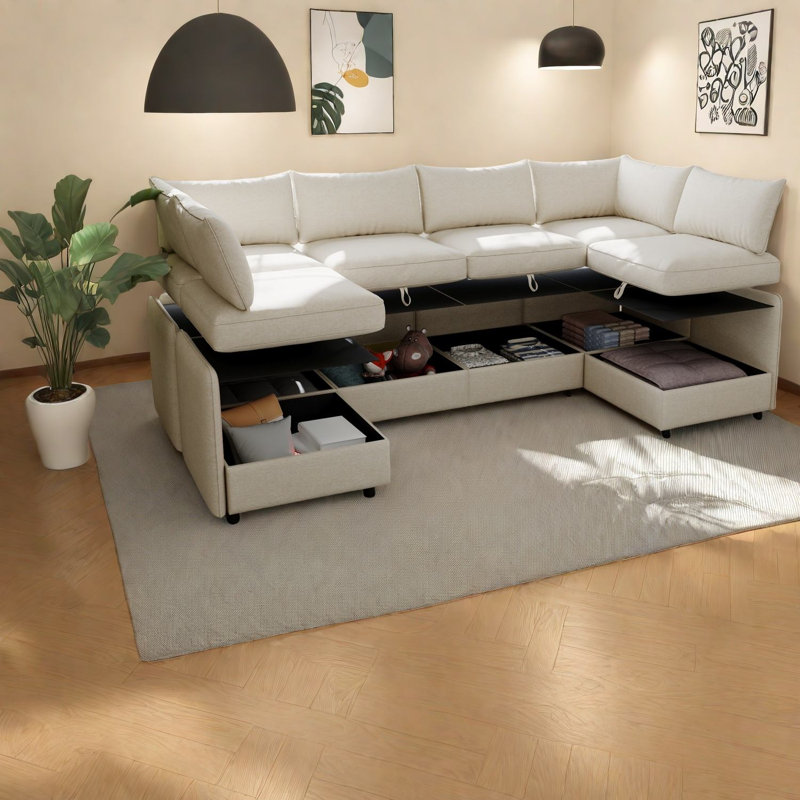 Canapé modulaire beige avec rangement, tissu chenille pour salon moderne