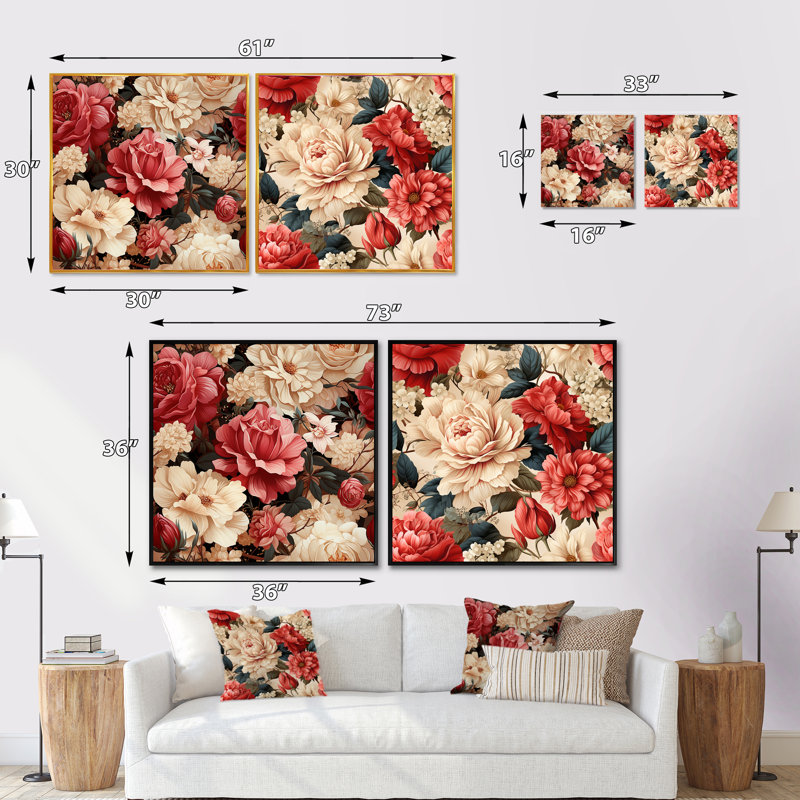Cobbutown - Ensemble de 2 collages carrés floraux, Cadre flottant blanc, H 36 po x l 73 po