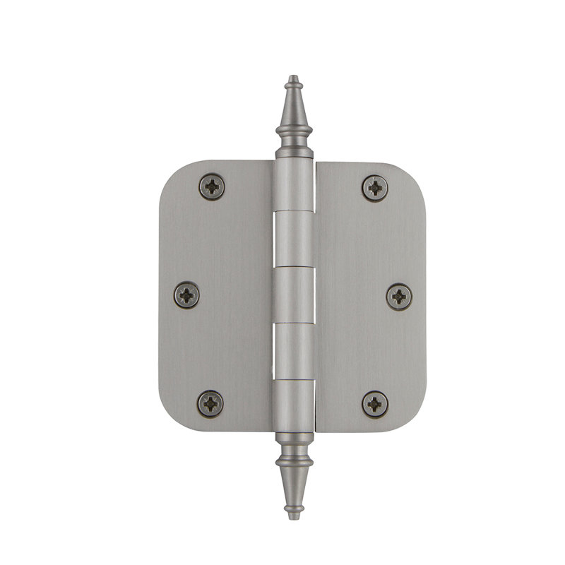 Nostalgic Warehouse 3.5" x 3.5" Steeple Tip Residential Hinge with 5/8" Radius Corners, Satin Nickel