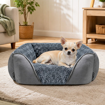 S (20"x19"x6") rectangular orthopedic pet cuddler for small, medium, and large dogs and puppies, designed as a soft calming sleep bed with durable washable construction and an anti-slip bottom.