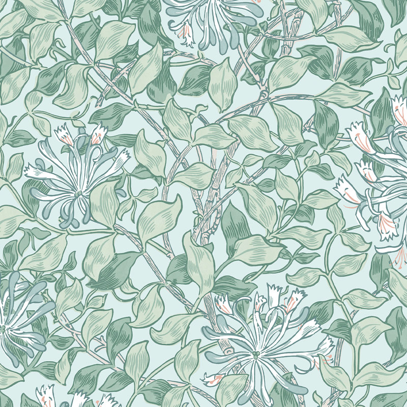 William Morris Honeysuckle Verde Wallpaper, Teal Blue