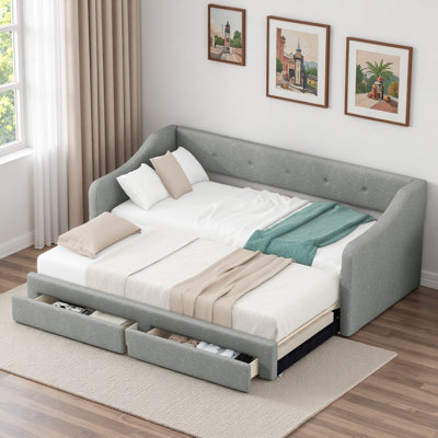 Upholstered Daybed With 2 Drawers, Trundle And Button Design