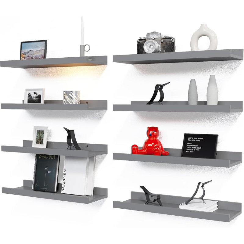 Floating Wall Mounted Shelves Set Of 8, Modern Display Shelves With Lip For Secure Storage, Hanging Book Shelves For Nursery, Bedroom, Bathroom, Kitchen, Living Room Wall Decor