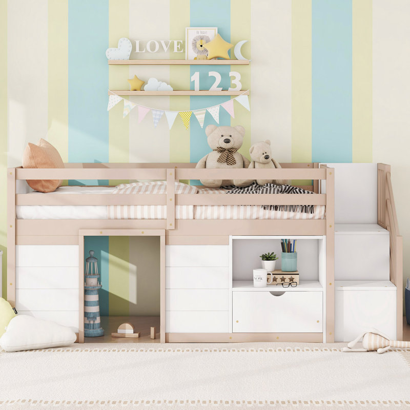 Solid Wood Low Loft Bed With Stair, Drawer, And Shelf, Cream/White