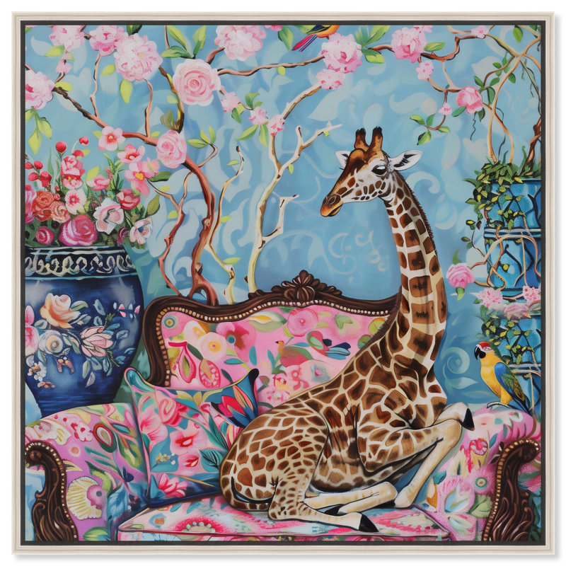 «Lounging Giraffe Canvas» par Art Remedy, Cadre argenté, H 13 po x l 13 po
