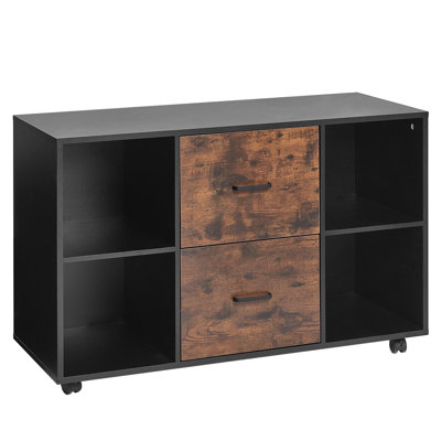 2 Drawer Wooden File Cabinet, Mobile Filing Cabinet with Open Shelves, Lateral Rolling File Storage with Lockable Wheels, Modern Free Standing Printer