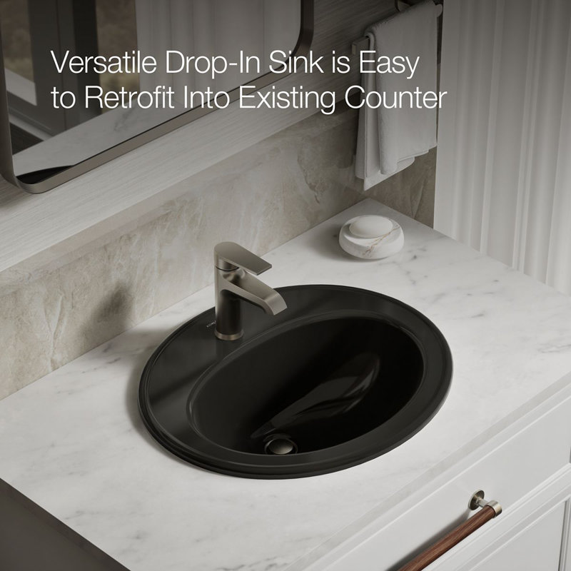Pennington Ceramic Oval Drop-In Bathroom Sink with Overflow, Black, Single
