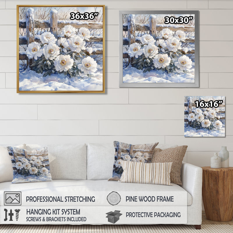Pivoines par la clôture de la ferme enneigée II - pivoines, art mural, Impression encadrée flottante, Noir, H 16 po x l 16 po