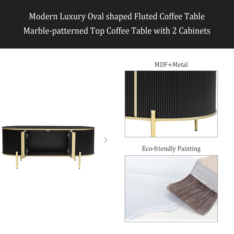 Table basse cannelée ovale de luxe moderne, table basse à dessus en marbre avec 2 armoires, pieds et poignées en métal pour le salon