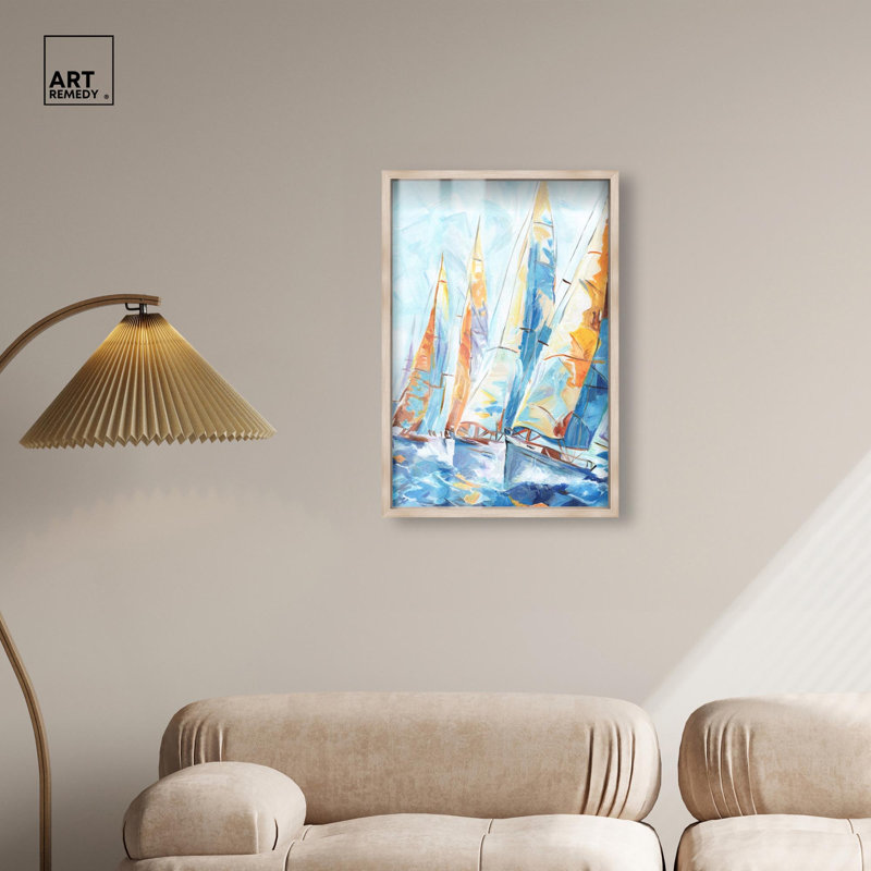 À travers le vent et les vagues Shadowbox Print Coastal Glam Decor par Art Remedy, cadre blond, 20 x 30, H 31 po x l 21 po