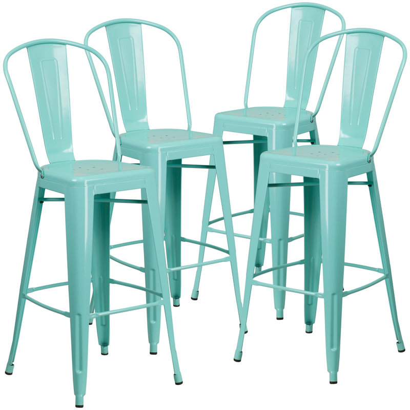 Angelean 24" High Distressed Metal Indoor-Outdoor Counter Height Stool - Back, Mint, Bar Stool (30" Seat Height)