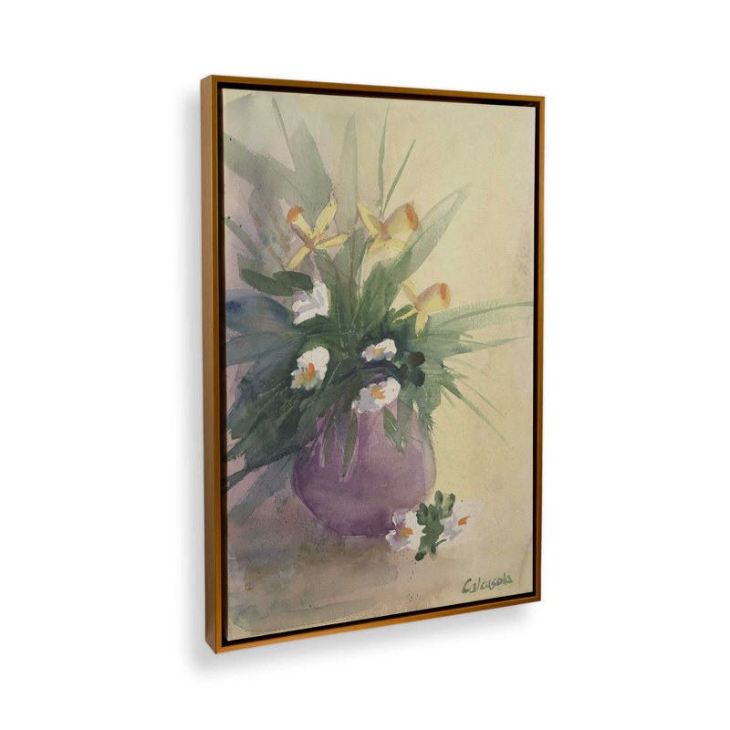 «Flower in Purple Vase» par Stephen Calcasola, reproduction d'art, H 32 po x l 24 po, Doré