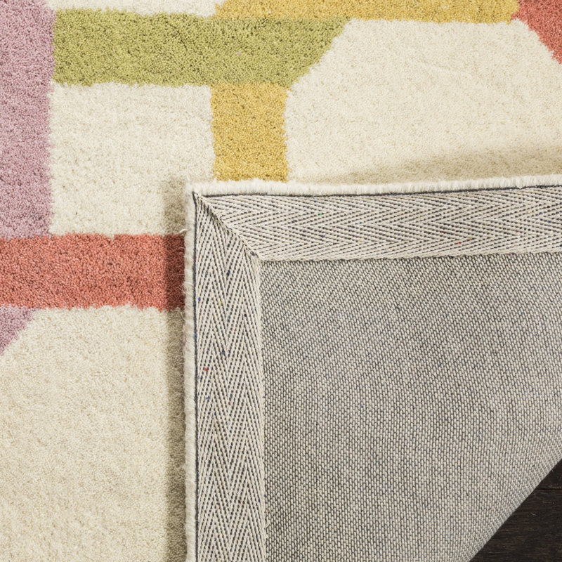 Tapis jaune / rouge / vert en laine touffeté à la main à motif géométrique, Rectangle 5 pi x 8 pi, Pivoine