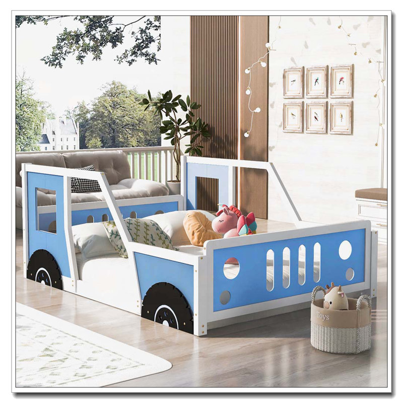 Car-Shaped Platform Bed with Wheels, Blue
