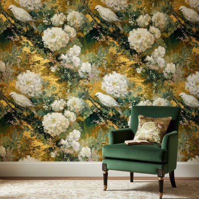 Floral Wallpaper Vintage Removable Gold Wall Double Roll