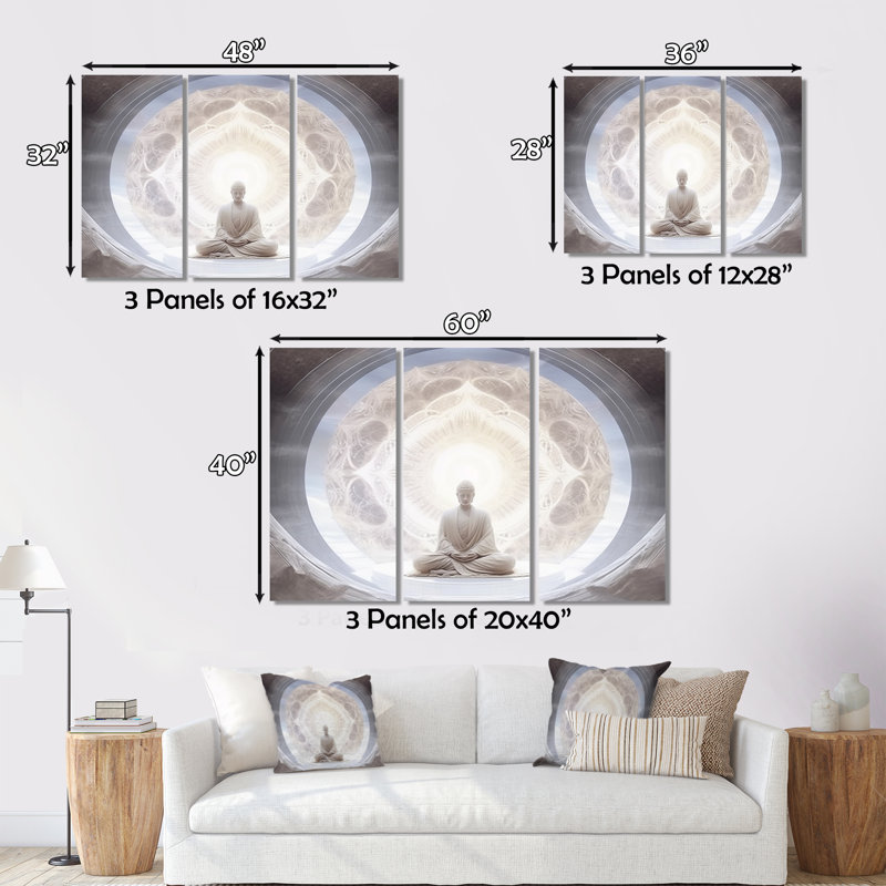 «White Buddha Meditation On Canvas», reproduction de 3 pièces, H 28 po x l 36 po x P 1 po