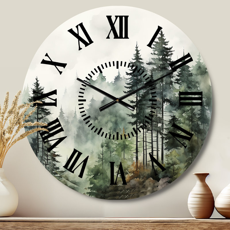 Pine Tree Misty Morning I - Landscapes Black Face Wall Clock, Medium
