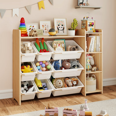 3-Tier Kids Bookshelf & Toy Storage Organizer with 9 Bins, Natural Pine Finish by Rebrilliant