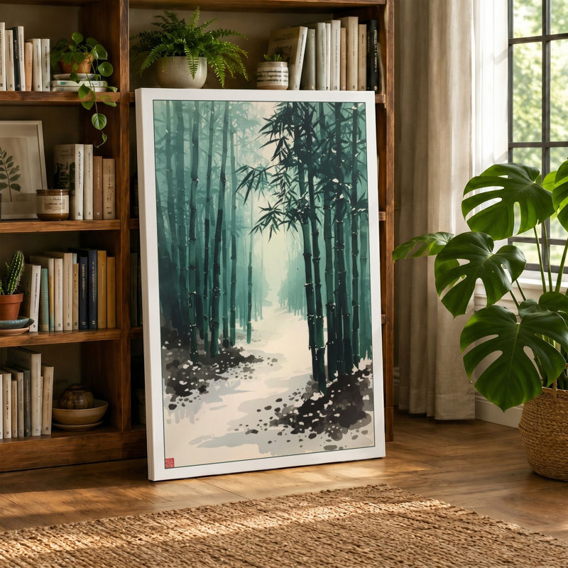 Winter Forest Path Japandi - Wrapped Canvas, 24x16 - 61.0 x 40.6 cm, Black Border