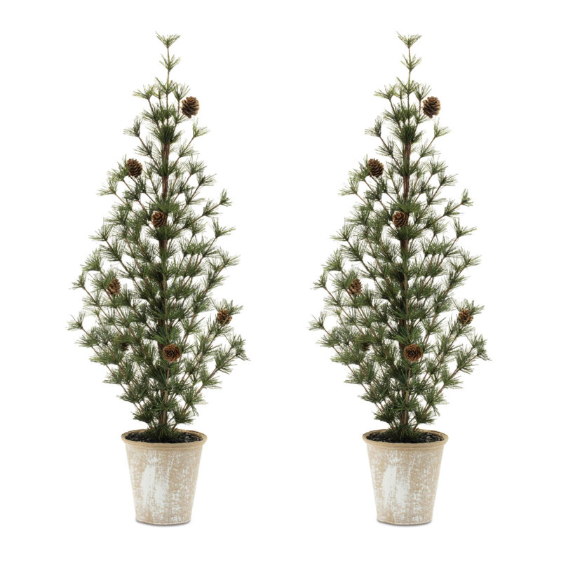 Set of Two 32" Mini Artificial Pine Trees With Pinecones In Rustic Brown Pots