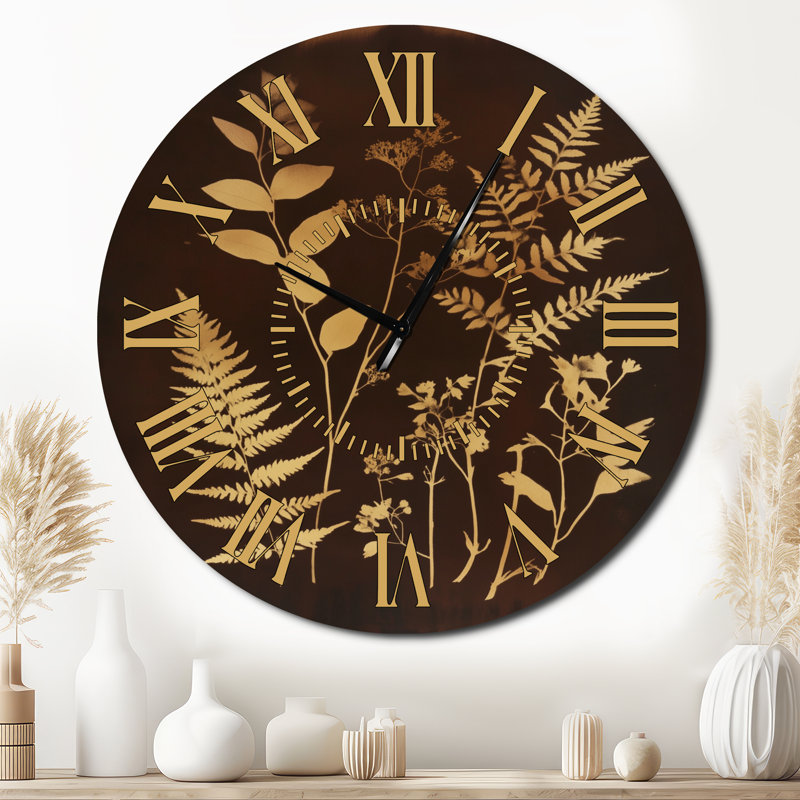 Pressed Botanicals - Horloge murale ronde silencieuse en métal à motifs botaniques, Surdimensionné