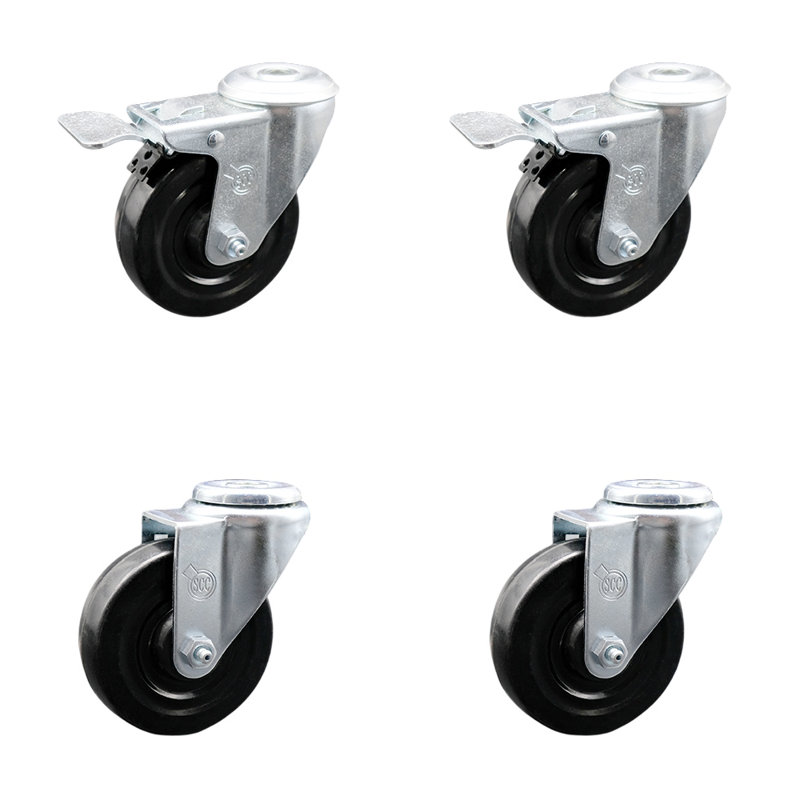 4 Inch Hard Rubber Wheel Swivel Bolt Hole Caster Set with 2 Total Lock Brake SCC