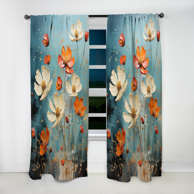Sanstead Blue and Orange Expression of Zinnias - Traditional Curtain - Velvet Room Darkening - 1 Panel