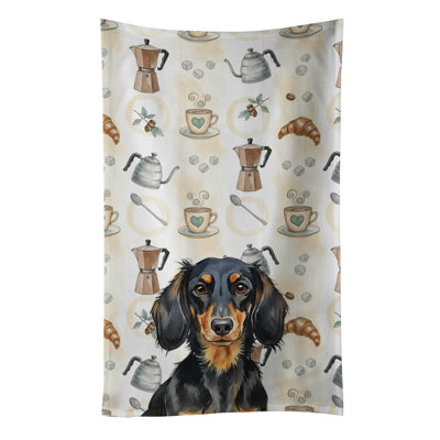 Longhaired Black and Tan Dachshund Coffee Bar Kitchen Towel