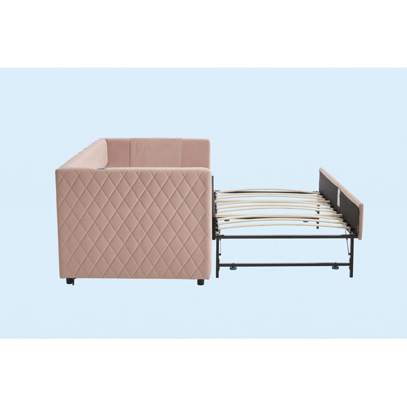 Pink Velvet Daybed, Sturdy Wooden Bed Frame, Pink